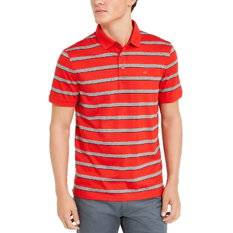 men's short sleeve polo shirts for work -Calvin Klein Men's Liquid Cotton Slim-Fit Stripe Polo Shirt Red Size Extra Small