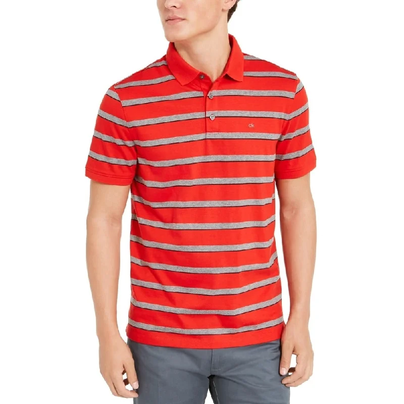 men's athletic polo shirts -Calvin Klein Men's Liquid Cotton Slim Fit Stripe Polo Shirt Red Size Small