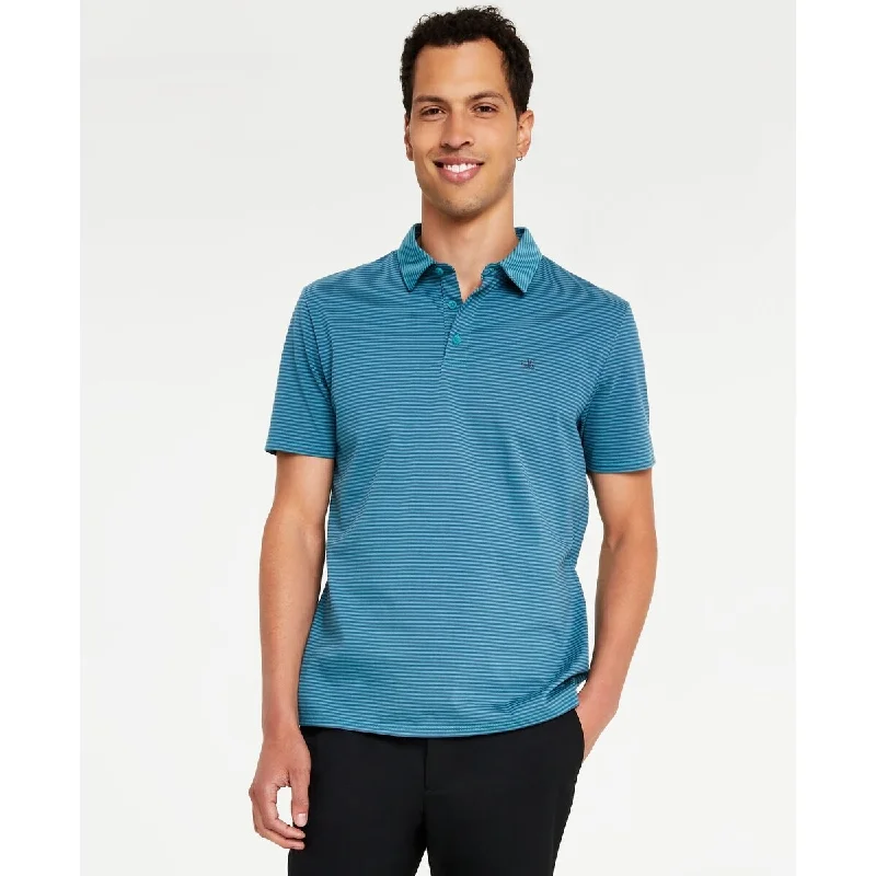 men's performance long sleeve polo shirts -Calvin Klein Men's Smooth Cotton Feeder Stripe Polo Shirt Blue Size Medium