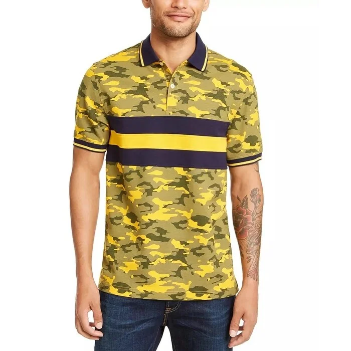 men's athletic pique polo shirts -Club Room Men's Regular Fit Camouflage Colorblocked Stripe Polo Shirt Gold Size XX-Large