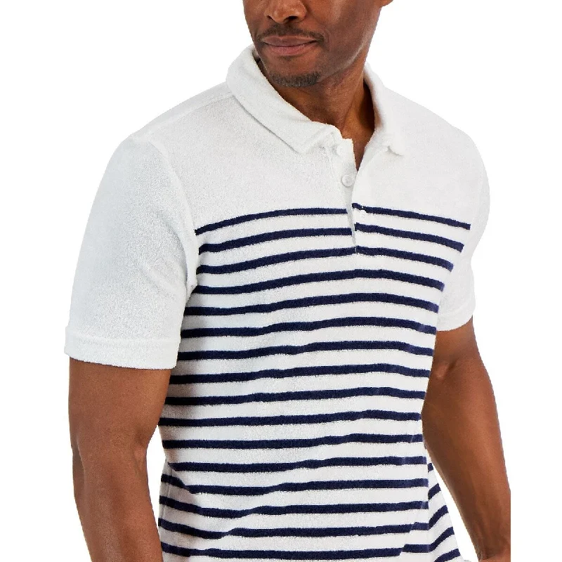 stylish printed polo shirts for men -Club Room Men's Slim Reverse Terry Stripe Print Polo Shirt White Size Large