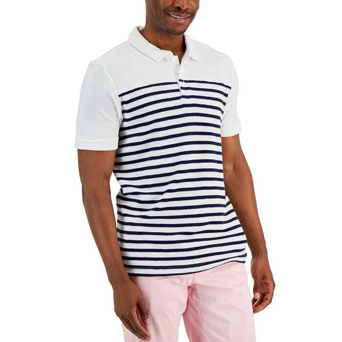 casual golf polo shirts for men -Club Room Men's Slim Reverse Terry Stripe Print Polo Shirt White Size Xx-Large