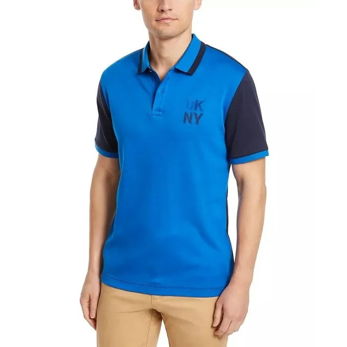 men's fashion polo shirts -DKNY Men's Colorblocked Supima Cotton Polo Shirt Navy Size Medium