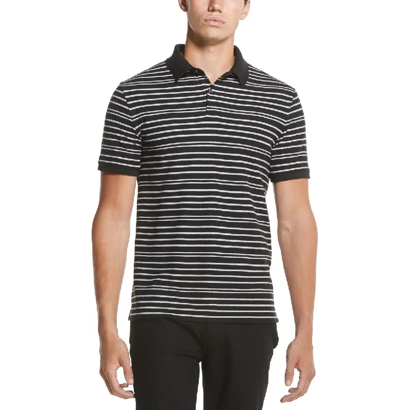 men's casual cotton polo shirts -DKNY Men's Pique Stripe Polo Shirt Charcoal Size Small