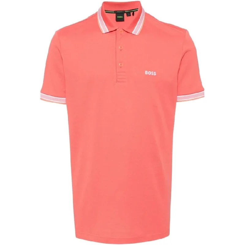 lightweight polo shirts for men -HUGO BOSS Men's Paddy Short Sleeve Contrast Color Polo Shirt, Fiery Coral Pique