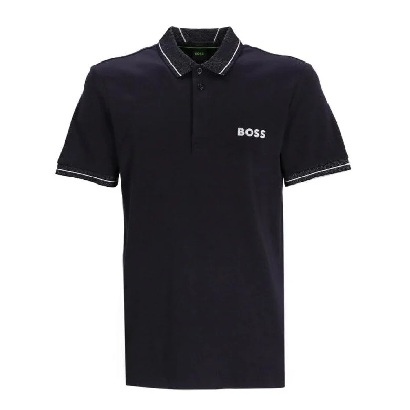 men's embroidered polo shirts -Hugo Boss Paule Men Cotton Polo Shirt Short Sleeves Polka Dot Collar Dark Blue