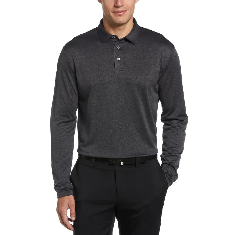 men's polo shirts with side vents -Pga Tour Men's Micro Birdseye Print Long Sleeve Polo Shirt Black Size Small