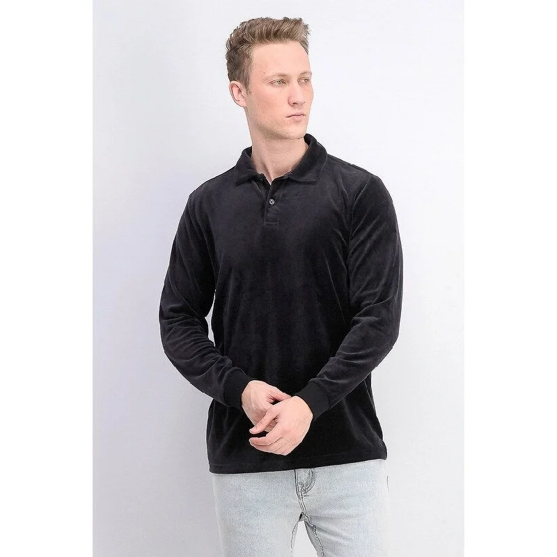 men's polo shirts with mesh back -Tasso Elba Men's Velour Long Sleeve Polo Shirt Black Size Extra Large