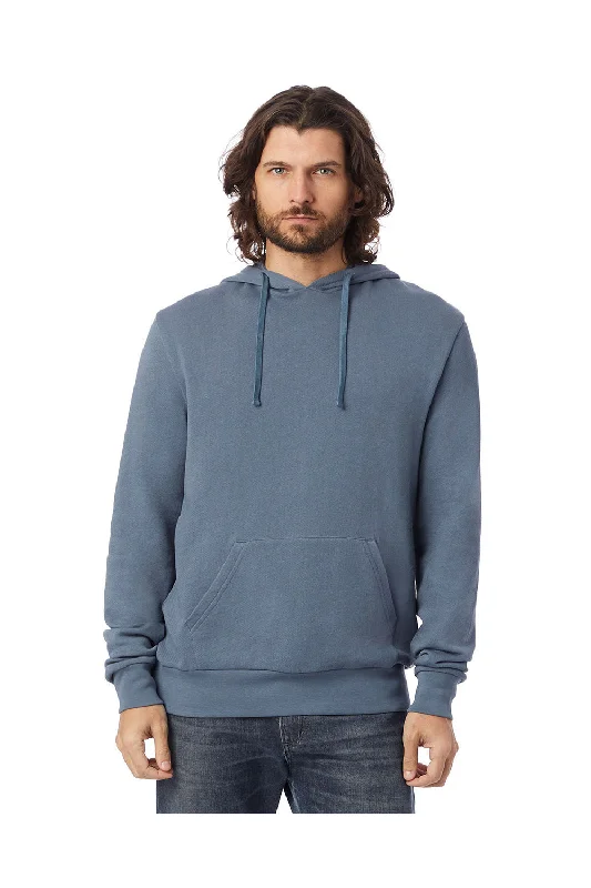 fashionable men's sweatshirts -Alternative Mens Challenger Washed Terry Hooded Sweatshirt Hoodie w/ Pouch Pocket - Washed Denim Blue