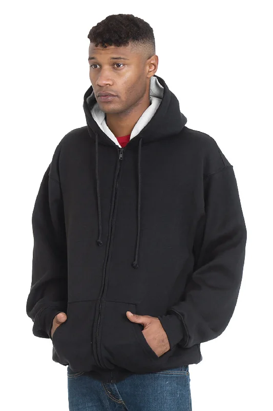 classic sweatshirts for men -Bayside Mens Thermal Lined Full Zip Hooded Sweatshirt Hoodie w/ Pockets - Black