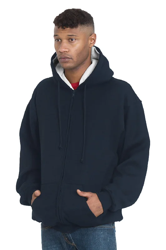 basic hoodies for men -Bayside Mens Thermal Lined Full Zip Hooded Sweatshirt Hoodie w/ Pockets - Navy Blue