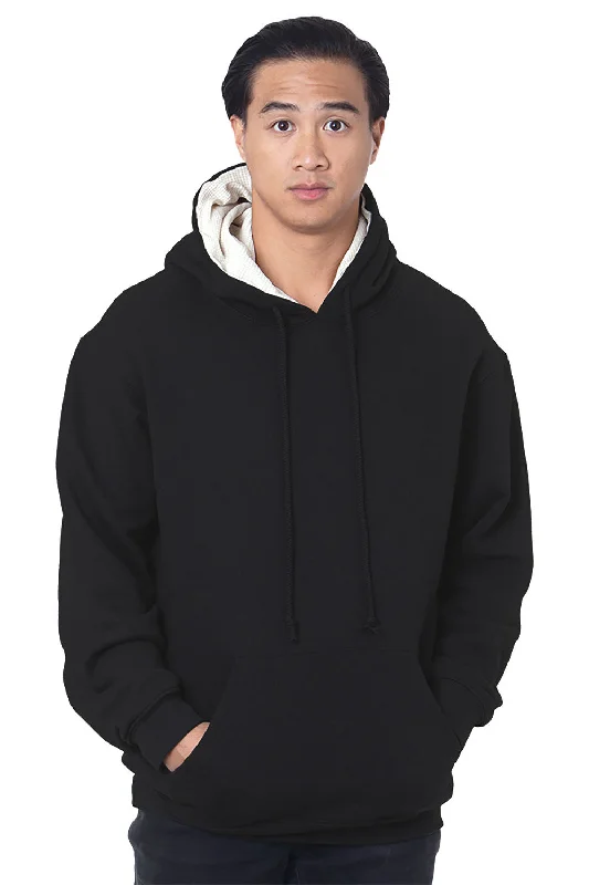 men's hoodies for travel -Bayside Mens Thermal Lined Hooded Sweatshirt Hoodie w/ Pouch Pocket - Black