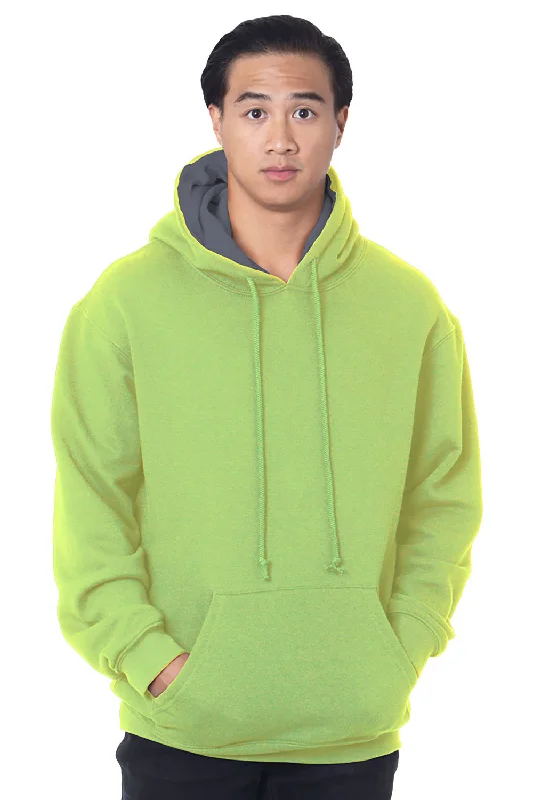 men's sweatshirts for running -Bayside Mens Thermal Lined Hooded Sweatshirt Hoodie w/ Pouch Pocket - Lime Green/Dark Grey