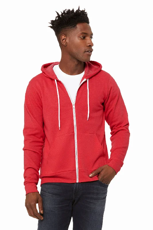 men's trendy hoodies -Bella + Canvas Mens Fleece Full Zip Hooded Sweatshirt Hoodie w/ Pockets - Heather Red