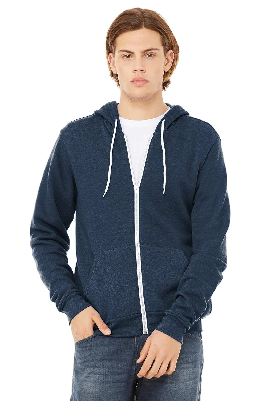 graphic sweatshirts for men -Bella + Canvas Mens Fleece Full Zip Hooded Sweatshirt Hoodie w/ Pockets - Heather Navy Blue