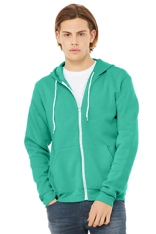 men's sweatshirts with designs -Bella + Canvas Mens Fleece Full Zip Hooded Sweatshirt Hoodie w/ Pockets - Teal Blue