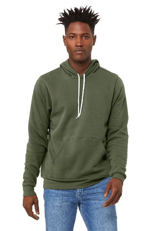 workout sweatshirts for men -Bella + Canvas Mens Sponge Fleece Hooded Sweatshirt Hoodie w/ Pouch Pocket - Military Green