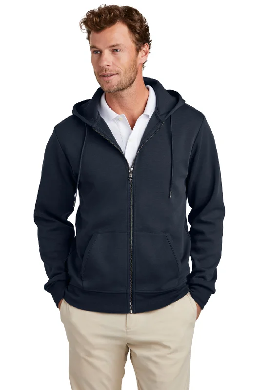 men's heavy-duty hoodies -Brooks Brothers Mens Double Knit Full Zip Hooded Sweatshirt Hoodie w/ Pockets - Night Navy Blue