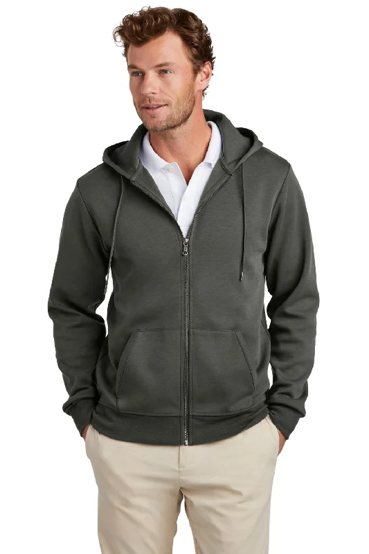 casual sweatshirts for men -Brooks Brothers Mens Double Knit Full Zip Hooded Sweatshirt Hoodie w/ Pockets - Windsor Grey