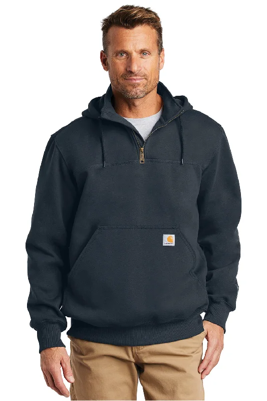 fashionable men's sweatshirts -Carhartt Mens Paxton Rain Defender Water Resistant 1/4 Zip Hooded Sweatshirt Hoodie w/ Pouch Pocket - Navy Blue