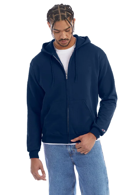 men's outdoor sweatshirts -Champion Mens Double Dry Eco Moisture Wicking Fleece Full Zip Hooded Sweatshirt Hoodie w/ Pockets - Late Night Blue - Closeout