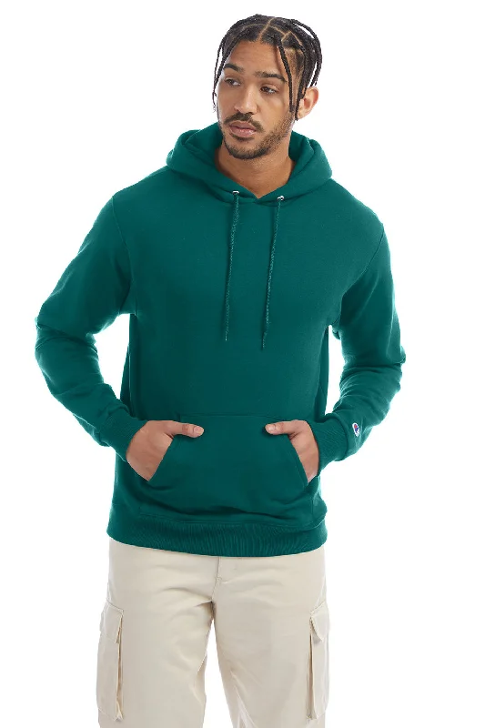 men's hoodies with pockets -Champion Mens Double Dry Eco Moisture Wicking Fleece Hooded Sweatshirt Hoodie w/ Pouch Pocket - Emerald Green