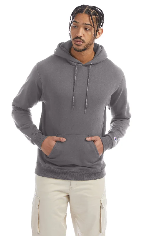 men's hoodies with a hood -Champion Mens Double Dry Eco Moisture Wicking Fleece Hooded Sweatshirt Hoodie w/ Pouch Pocket - Stone Grey