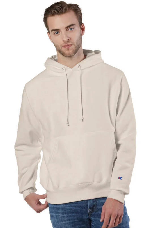 custom sweatshirts for men -Champion Mens Shrink Resistant Hooded Sweatshirt Hoodie w/ Pouch Pocket - Sand