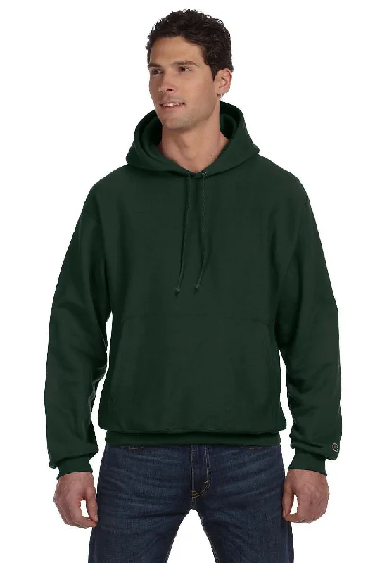 basic hoodies for men -Champion Mens Shrink Resistant Hooded Sweatshirt Hoodie w/ Pouch Pocket - Dark Green