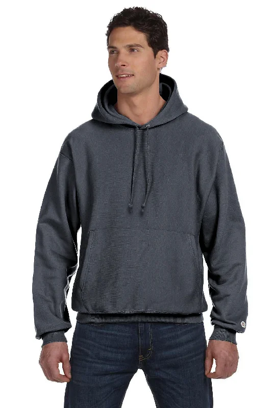 basic hoodies for men -Champion Mens Shrink Resistant Hooded Sweatshirt Hoodie w/ Pouch Pocket - Heather Charcoal Grey