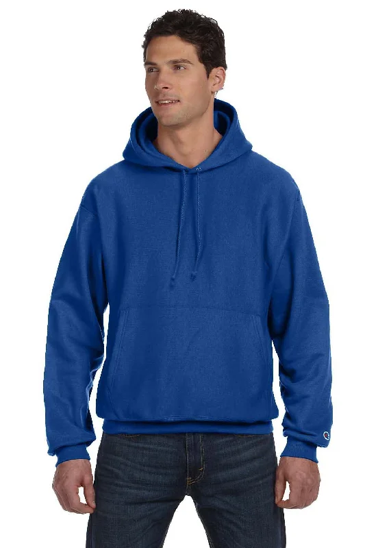 classic sweatshirts for men -Champion Mens Shrink Resistant Hooded Sweatshirt Hoodie w/ Pouch Pocket - Athletic Royal Blue