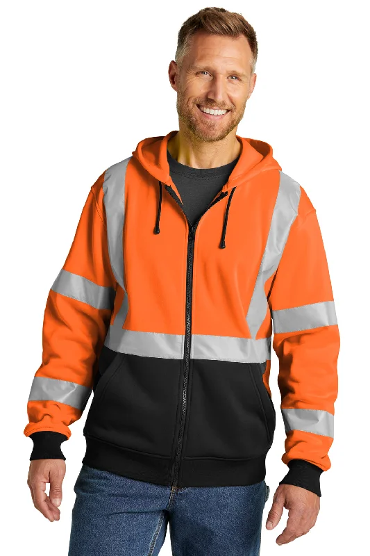 men's hoodie sweatshirt -CornerStone Mens Enhanced Visibility Fleece Full Zip Hooded Sweatshirt Hoodie w/ Pockets - Safety Orange