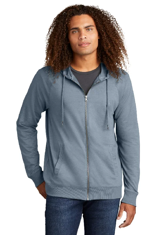 trendy pullover hoodies for men -District Mens French Terry Full Zip Hooded Sweatshirt Hoodie w/ Pockets - Heather Flint Blue