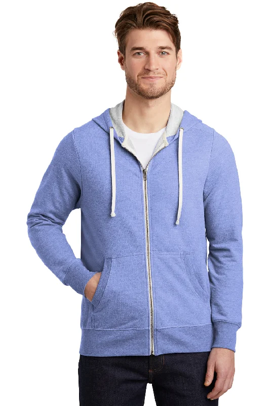 fashion sweatshirts for men -District Mens Perfect French Terry Full Zip Hooded Sweatshirt Hoodie w/ Pockets - Maritime Blue Frost - Closeout