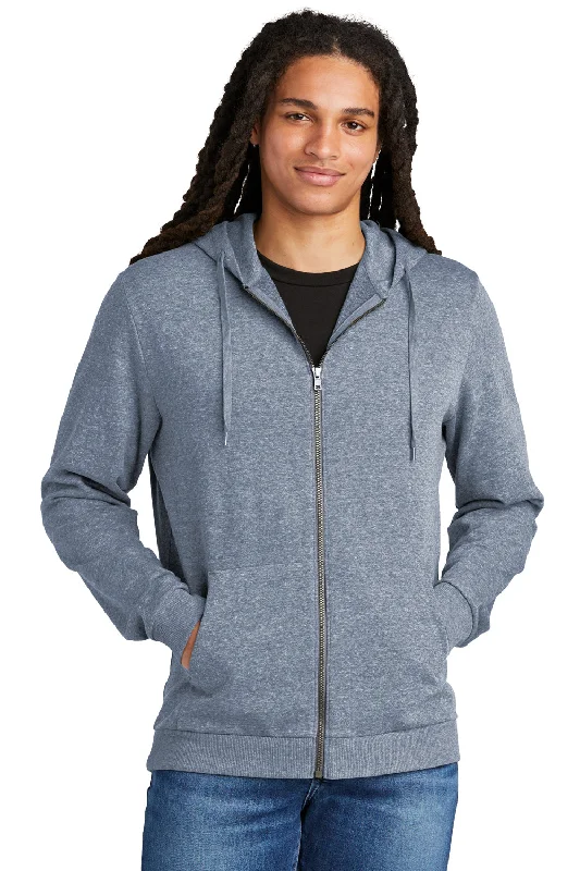 men's crewneck hoodies -District Mens Perfect Tri Fleece Full Zip Hooded Sweatshirt Hoodie w/ Pockets - Navy Blue Frost