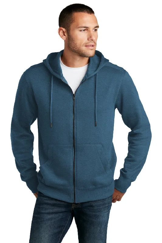 cozy sweatshirts for men -District Mens Perfect Weight Fleece Full Zip Hooded Sweatshirt Hoodie w/ Pockets - Heather Poseidon Blue