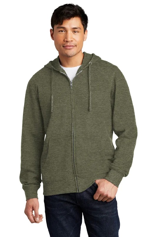 zip-up hoodies for men -District Mens Very Important Fleece Full Zip Hooded Sweatshirt Hoodie w/ Pockets - Heather Olive Green