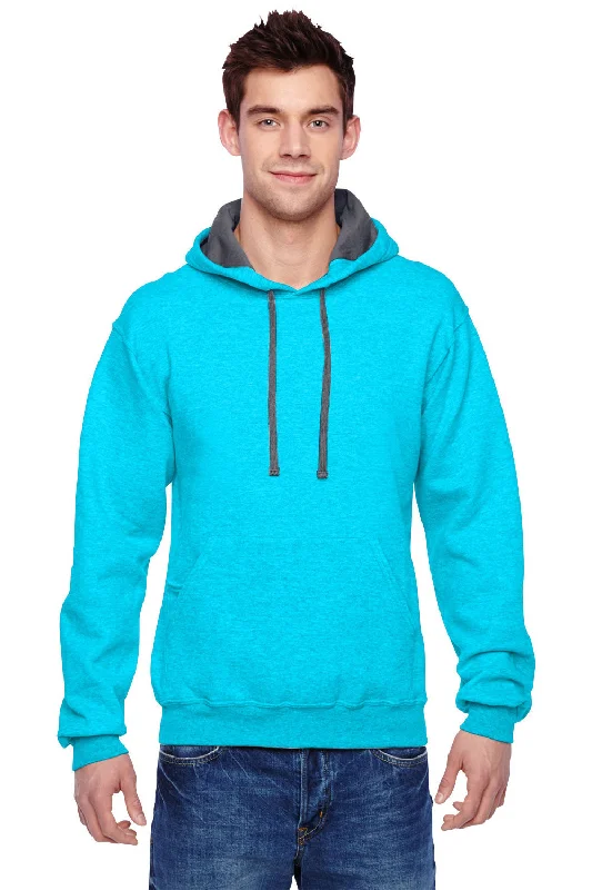 athletic-inspired sweatshirts for men -Fruit Of The Loom Mens Softspun Hooded Sweatshirt Hoodie w/ Pouch Pocket - Heather Caribbean Blue