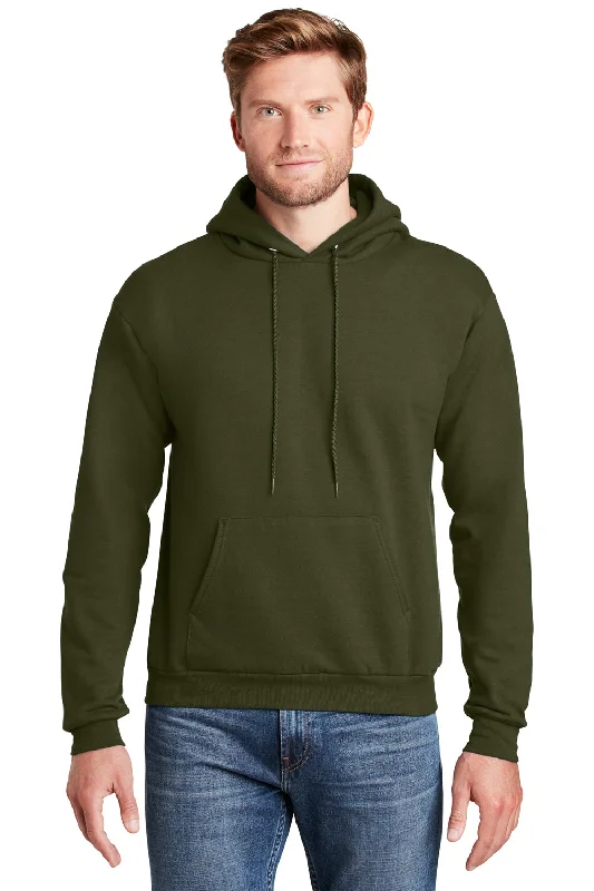 men's vintage hoodies -Hanes Mens EcoSmart Print Pro XP Pill Resistant Hooded Sweatshirt Hoodie w/ Pouch Pocket - Fatigue Green