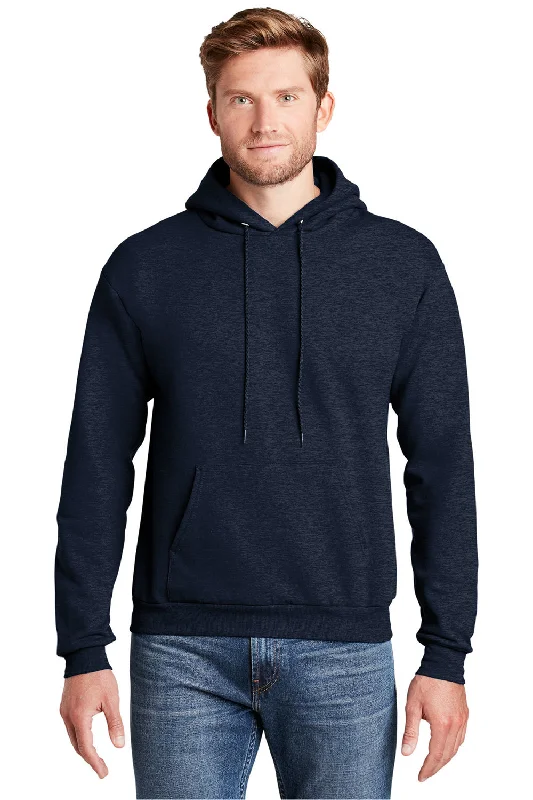 performance sweatshirts for men -Hanes Mens EcoSmart Print Pro XP Pill Resistant Hooded Sweatshirt Hoodie w/ Pouch Pocket - Heather Navy Blue