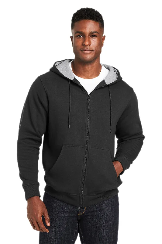 men's long sleeve hoodies -Harriton Mens Climabloc Water Resistant Full Zip Hooded Sweatshirt Hoodie w/ Pockets - Black