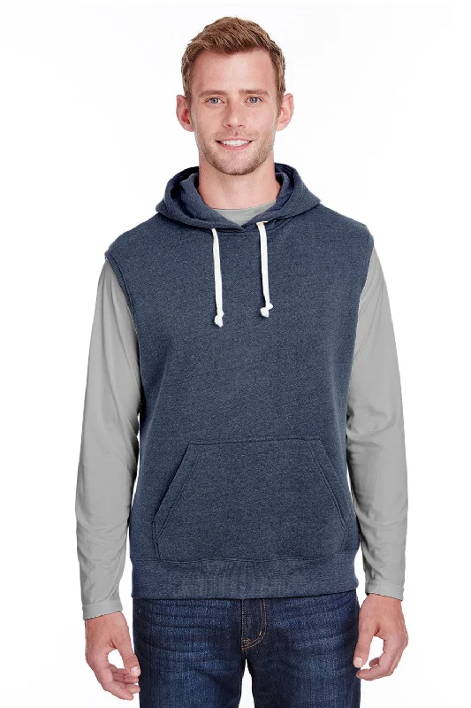 men's hoodies with pockets -J America Mens Fleece Sleeveless Hooded Sweatshirt Hoodie w/ Pouch Pocket - True Navy Blue