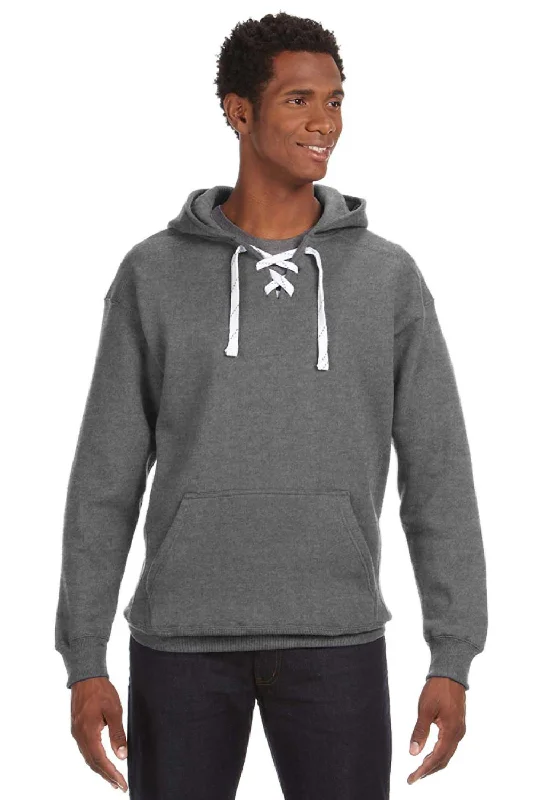 zip-up sweatshirts for men -J America Mens Sport Lace Hooded Sweatshirt Hoodie w/ Pouch Pocket - Heather Charcoal Grey