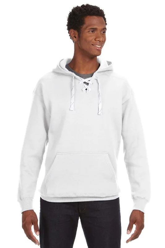 men's logo sweatshirts -J America Mens Sport Lace Hooded Sweatshirt Hoodie w/ Pouch Pocket - White