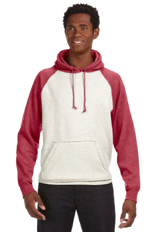 premium sweatshirts for men -J America Mens Vintage Heather Hooded Sweatshirt Hoodie w/ Pouch Pocket - Oatmeal/Red