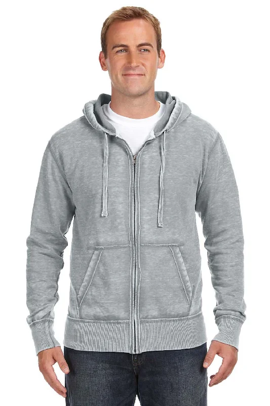 men's performance hoodies -J America Mens Vintage Zen Burnout Fleece Full Zip Hooded Sweatshirt Hoodie w/ Pockets - Cement Grey