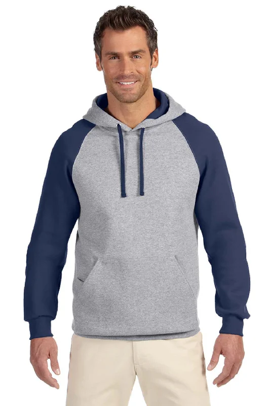 casual pullover sweatshirts -Jerzees Mens NuBlend Pill Resistant Fleece Hooded Sweatshirt Hoodie w/ Pouch Pocket - Oxford Grey/Navy Blue