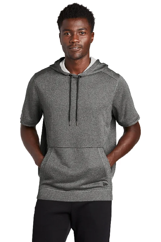 zip-up sweatshirts for men -New Era Mens Performance Terry Short Sleeve Hooded Sweatshirt Hoodie w/ Pouch Pocket - Heather Graphite Grey