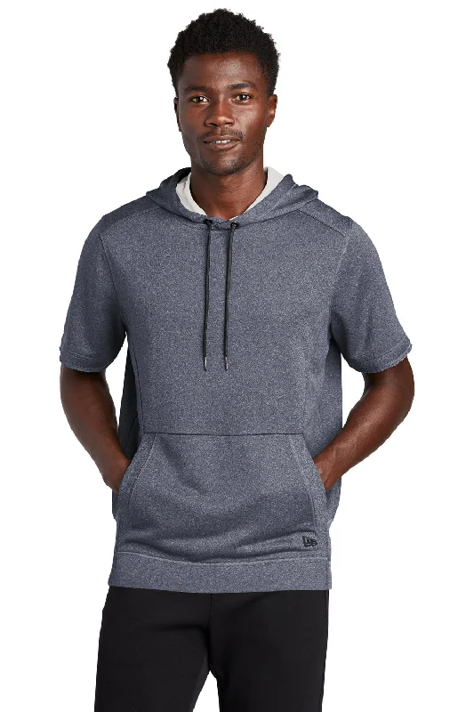 men's classic pullovers -New Era Mens Performance Terry Short Sleeve Hooded Sweatshirt Hoodie w/ Pouch Pocket - Heather True Navy Blue