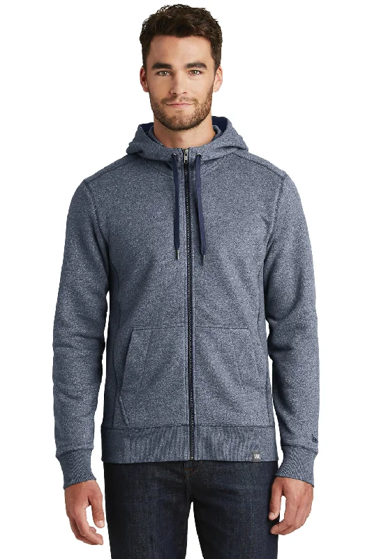 men's trendy hoodies -New Era Mens Sueded French Terry Full Zip Hooded Sweatshirt Hoodie w/ Pockets - Navy Blue Twist